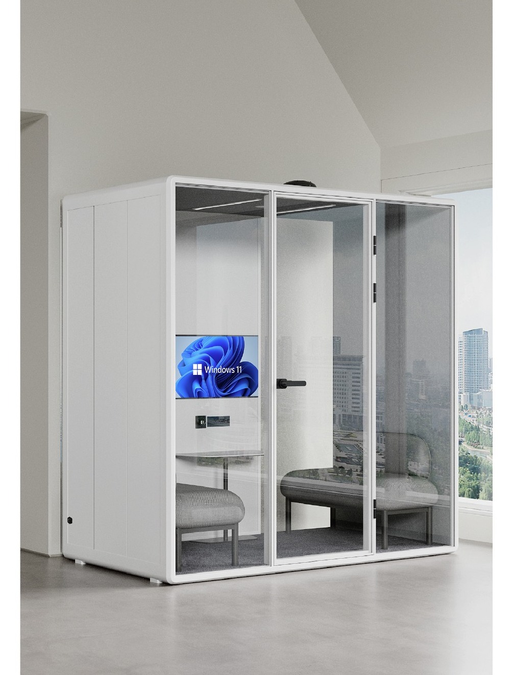 Fortress ML collaboration pod in white with tan interior, installed in modern office